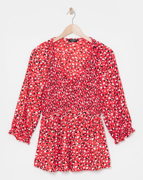 Red Print Shirred Bodice V Neck Top