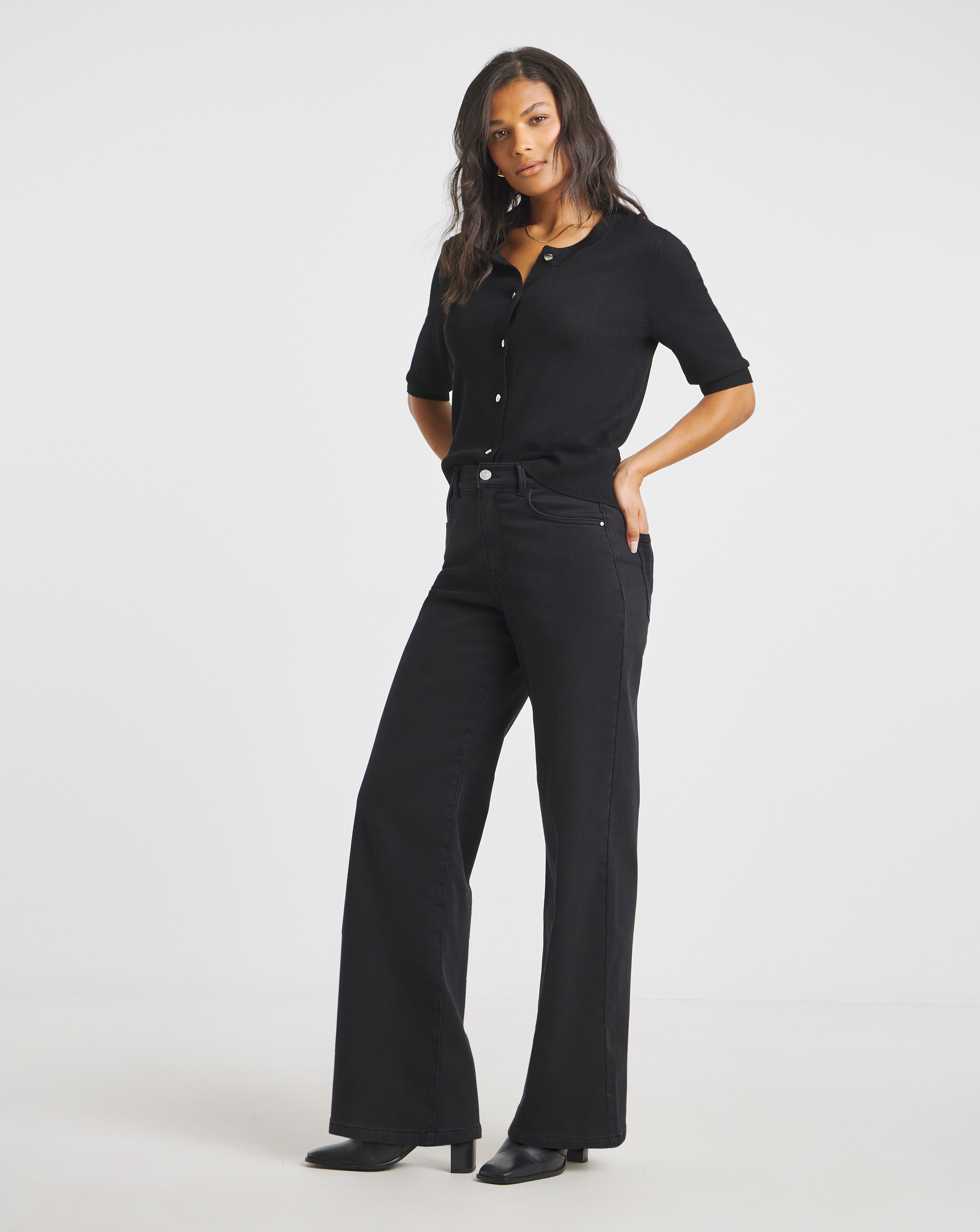 Black Fleece Lined Cosy Warm Feel Stretch Wide Leg Jeans