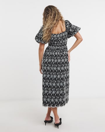 Lovedrobe Broderie Puff Sleeve Square Neck Elasticated Waist Midi Dress