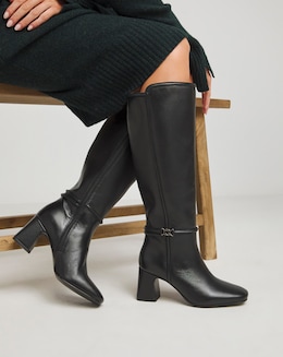 Lainey Leather Knee High Heeled Boots with Trim - Wide Fit (E) Super Curvy Calf