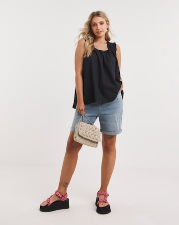 Black Shirred Strap Poplin Cami