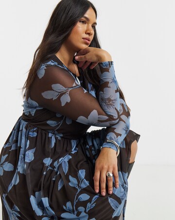 Simply Be Chocolate And Blue Floral Printed Mesh Midi Dress