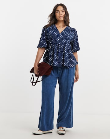 Navy Spot Button Through Peplum Blouse