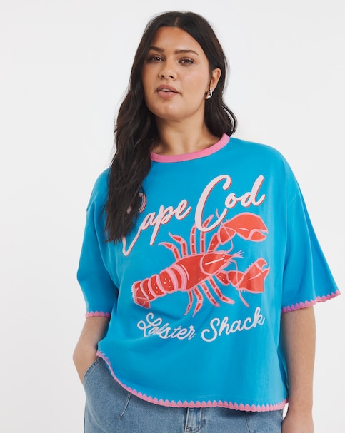 Simply Be Blue Cape Cod Lobster Graphic T-Shirt