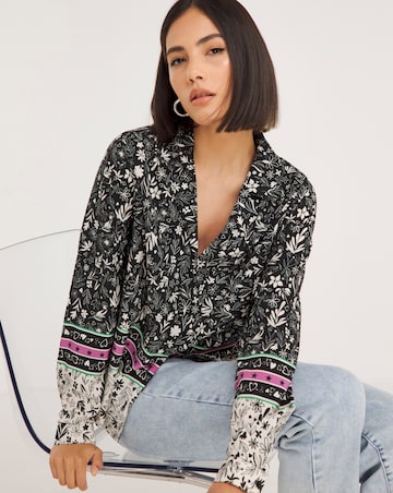 Border Print Long Sleeve Cropped Boxy Shirt