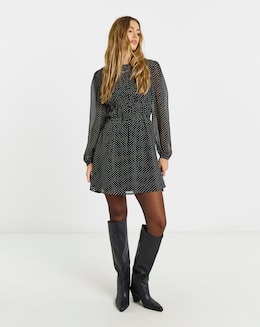 Spot Print Shirred Dress