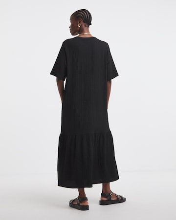 Black Textured Jersey Drop Waist Midi Dress