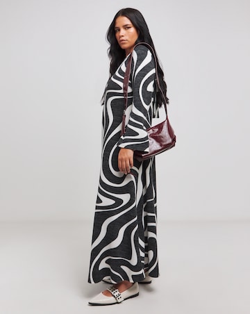 Mono Print Rib Flare Sleeve Cosy Maxi Dress