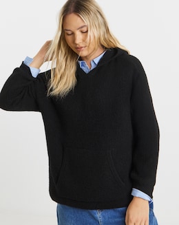 Cosy Yarn Black Ribbed Knitted Hoodie