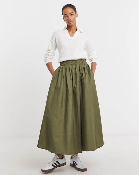 Olive Pure Cotton Pull On Maxi Skirt