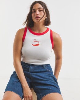 Simply Be White &amp; Red Chilli Embroidered Tank