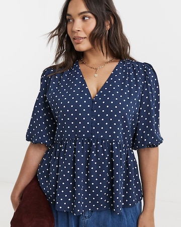 Navy Spot Button Through Peplum Blouse