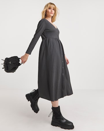 Charcoal Waffle Button Up Midi Dress With Pockets