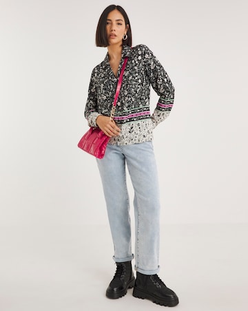 Border Print Long Sleeve Cropped Boxy Shirt