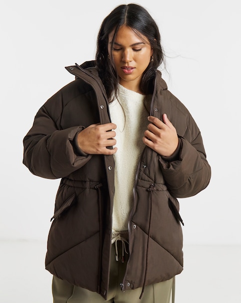 Chocolate Adjustable Waist Detail Hooded Padded Coat