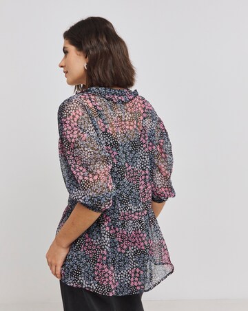 Black Floral V Neck Chiffon Peplum Blouse with Frills