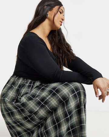 Black Jersey And Check Woven Skirt Midi Dress With Pockets