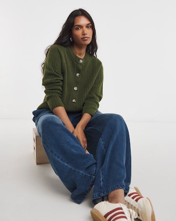Cosy Yarn Khaki Crew Neck Ribbed Cardigan
