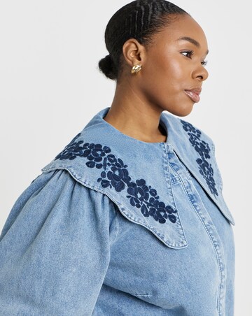 Mid Wash Puff Sleeve Denim Blouse with Embroidered Collar