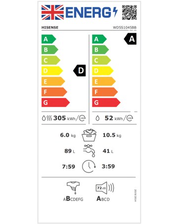 Hisense 5S Series WD5S1045BB 10.5KG Auto Dosing Freestanding Washer Dryer Black