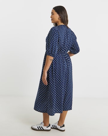 Navy Spot Print Button Through Midi Dress