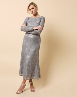 Little Mistress Grey Gathered Sequin Midaxi Dress