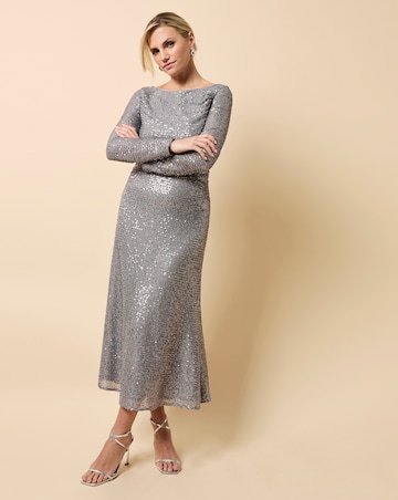 Little Mistress Grey Gathered Sequin Midaxi Dress