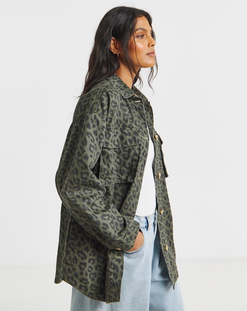 Olive Leopard  Print Utility Shacket