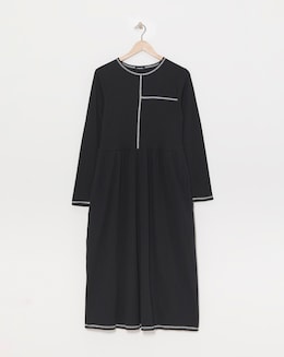 Black Ribbed Contrast Seam Midi Dress With Pockets
