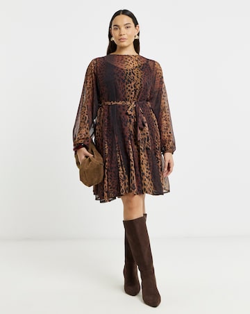 Leopard Skater Dress With Godet And Waist Tie Detail