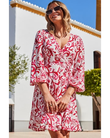 Sosandar Blouson Sleeve Godet Hem Wrap Dress