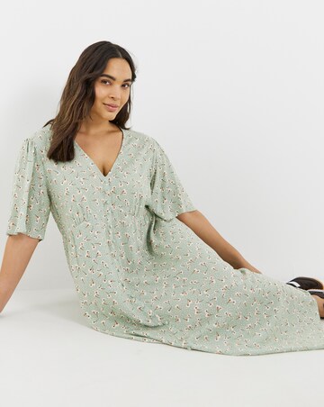 Sage Ditsy Print Spun Viscose Button Up Midi Dress