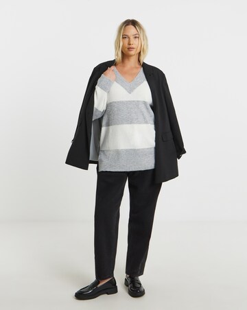 Cosy Yarn Grey & Ivory Stripe V-Neck Tunic
