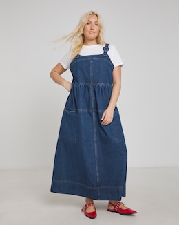 Simply Be Mid Blue Denim Covered Buckle Dungaree Midaxi Dress