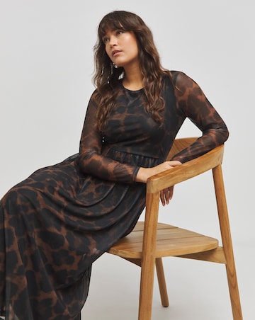 Leopard Print Long Sleeve Mesh Midi Dress