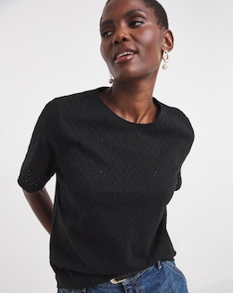 Pure Cotton Crew Neck Broderie Short Sleeve T-Shirt