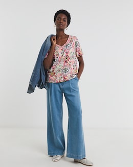 Pure Cotton Pink Print V-Neck Bubble Hem Top