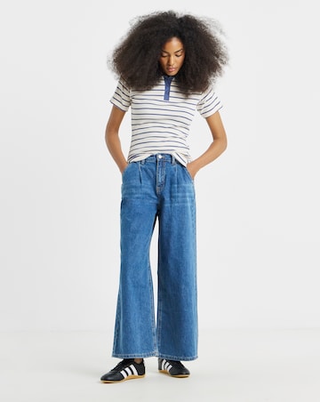 Mid Blue Pleat Detail Wide Leg Jeans
