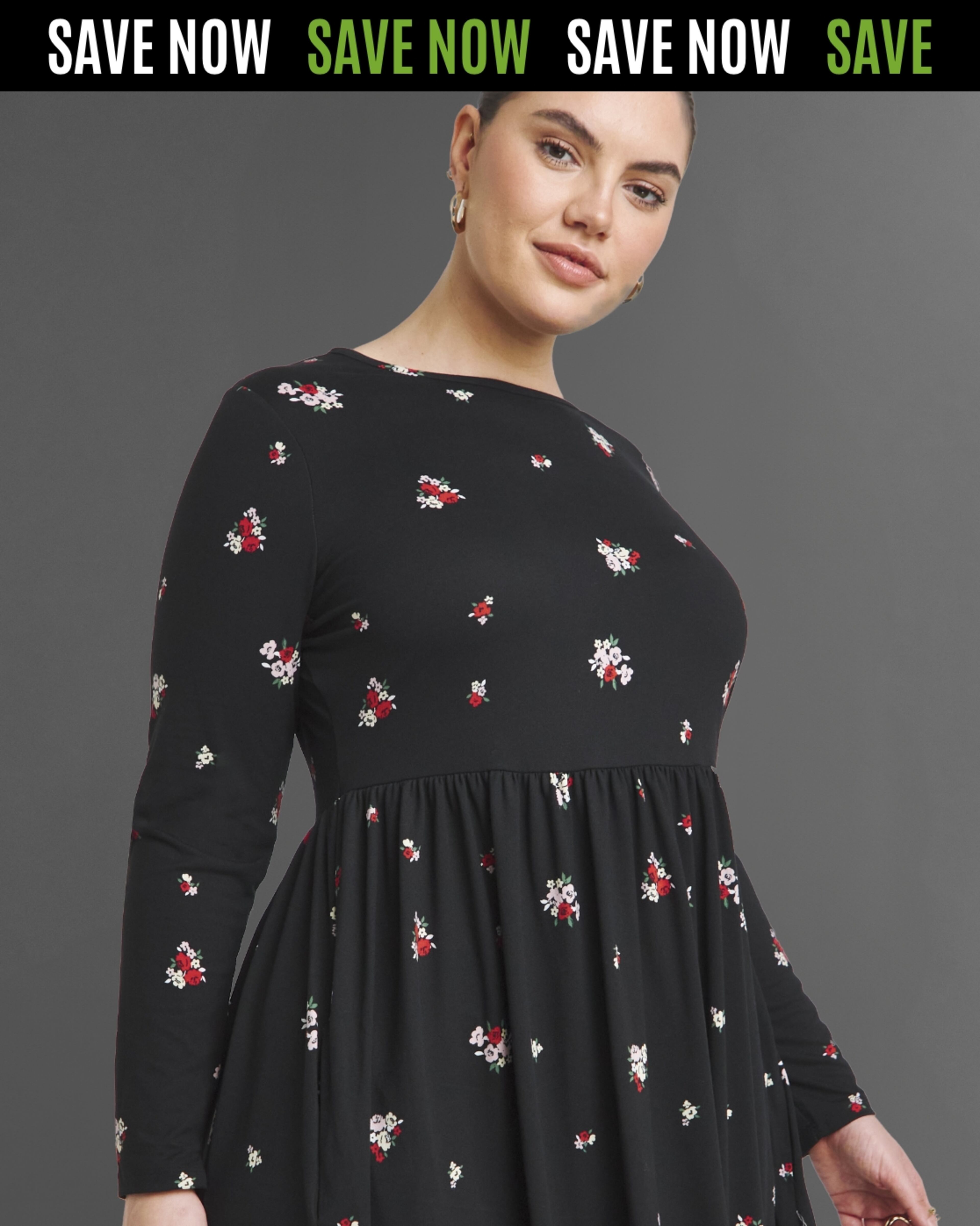 Woman in Black Floral Print Long-Sleeve Dress