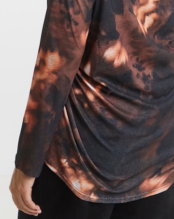 Brown Floral Print Asymmetric Shoulder Mesh Top