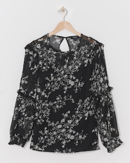 Mono Print Volume Sleeve Cold Shoulder Top
