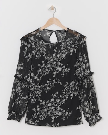 Mono Print Volume Sleeve Cold Shoulder Top
