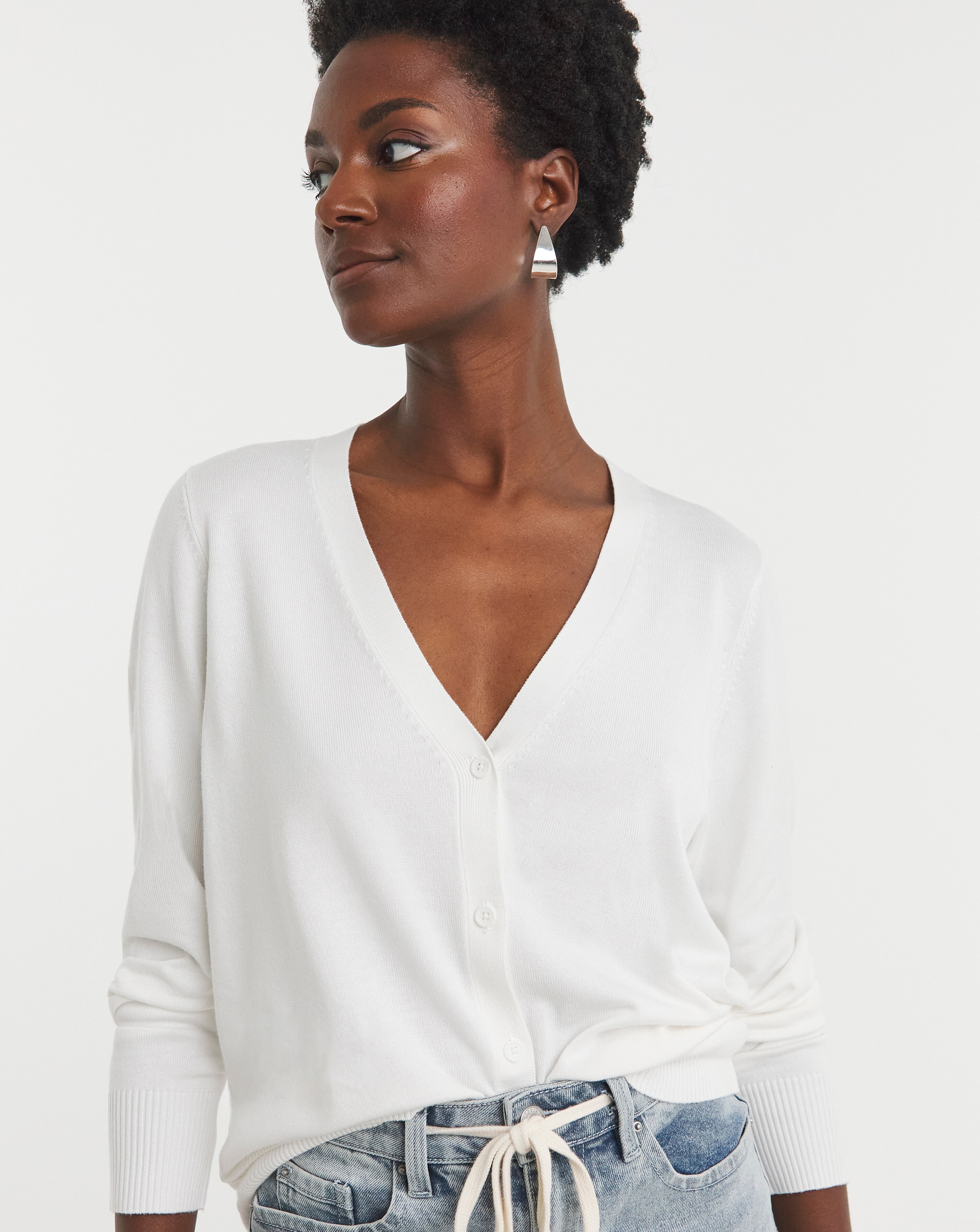 Fine Knit Ivory V Neck Cardigan