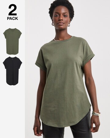 Pure Cotton 2 Pack Short Sleeve Curved Hem Longline Top
