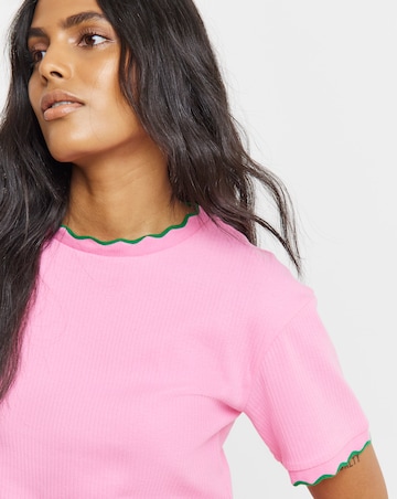 Simply Be Pink & Green Ribbed Scallop T-Shirt