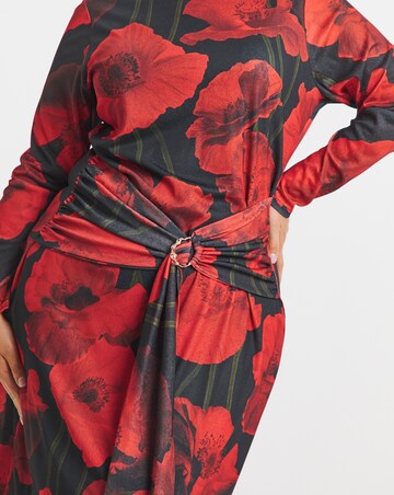 Red Floral Print Mesh Ruched Buckle Detail Midi Dress
