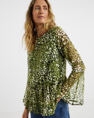 Georgette Collarless Trumpet Sleeve Peplum Blouse