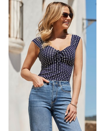 Sosandar Navy Blue & White Spot Print Tie Front Jersey Top