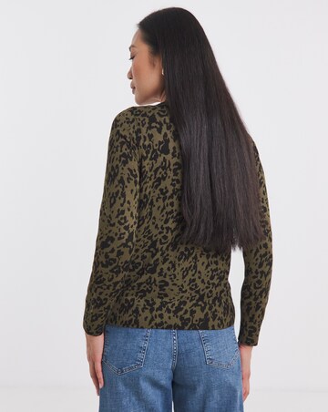 Khaki Print Crew Neck Cardigan