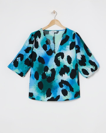 Blue Animal V Neck Puff Sleeve Blouse
